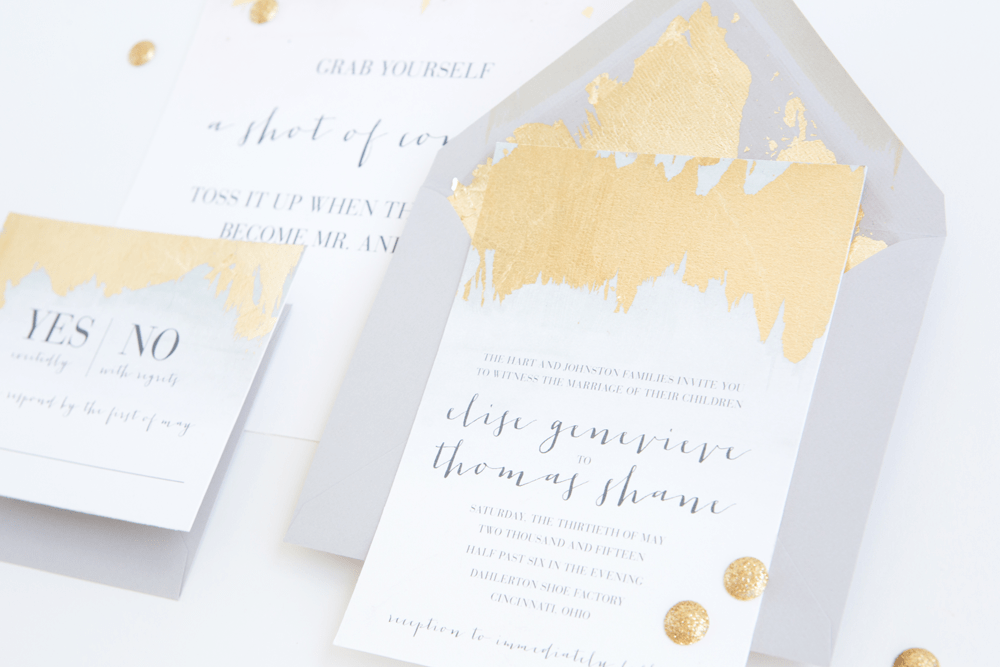 Industrial Wedding Invitation with gold leaf detail