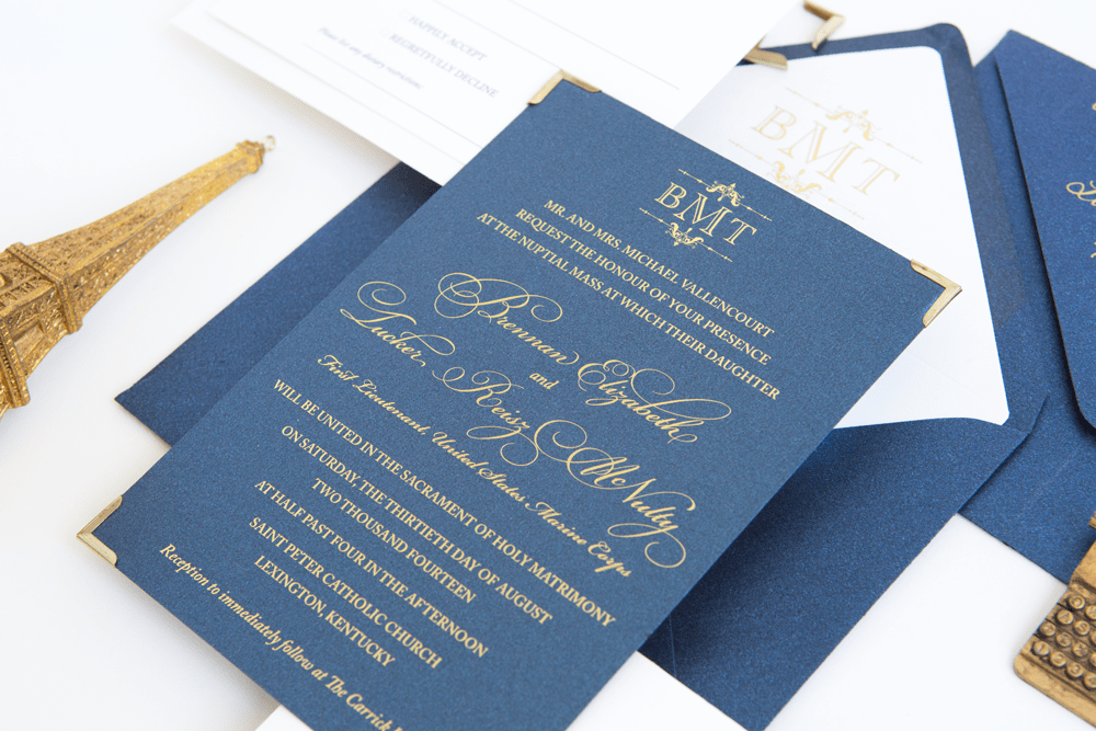 Blue and Gold Foil Monogram Traditional Wedding Invitation