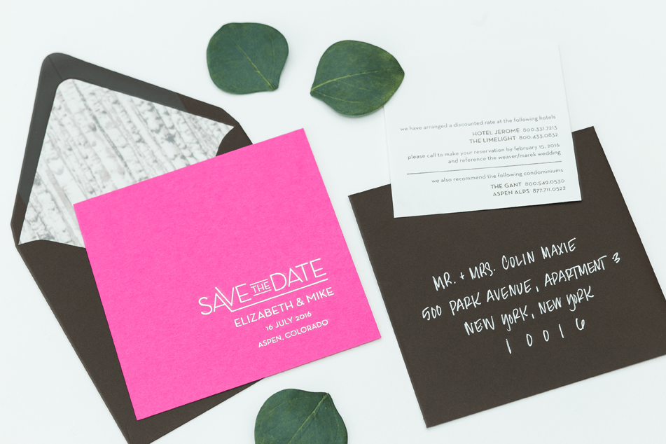 Silver Foil Save the Date on Hot Pink with Birch tree envelope liner